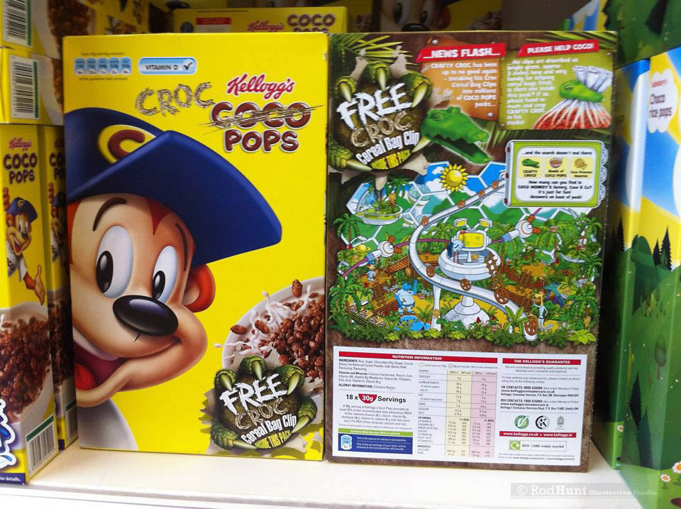Kellogg's Coco Pops packaging on display in the supermarket, with seek and find game illustrations by Rod Hunt