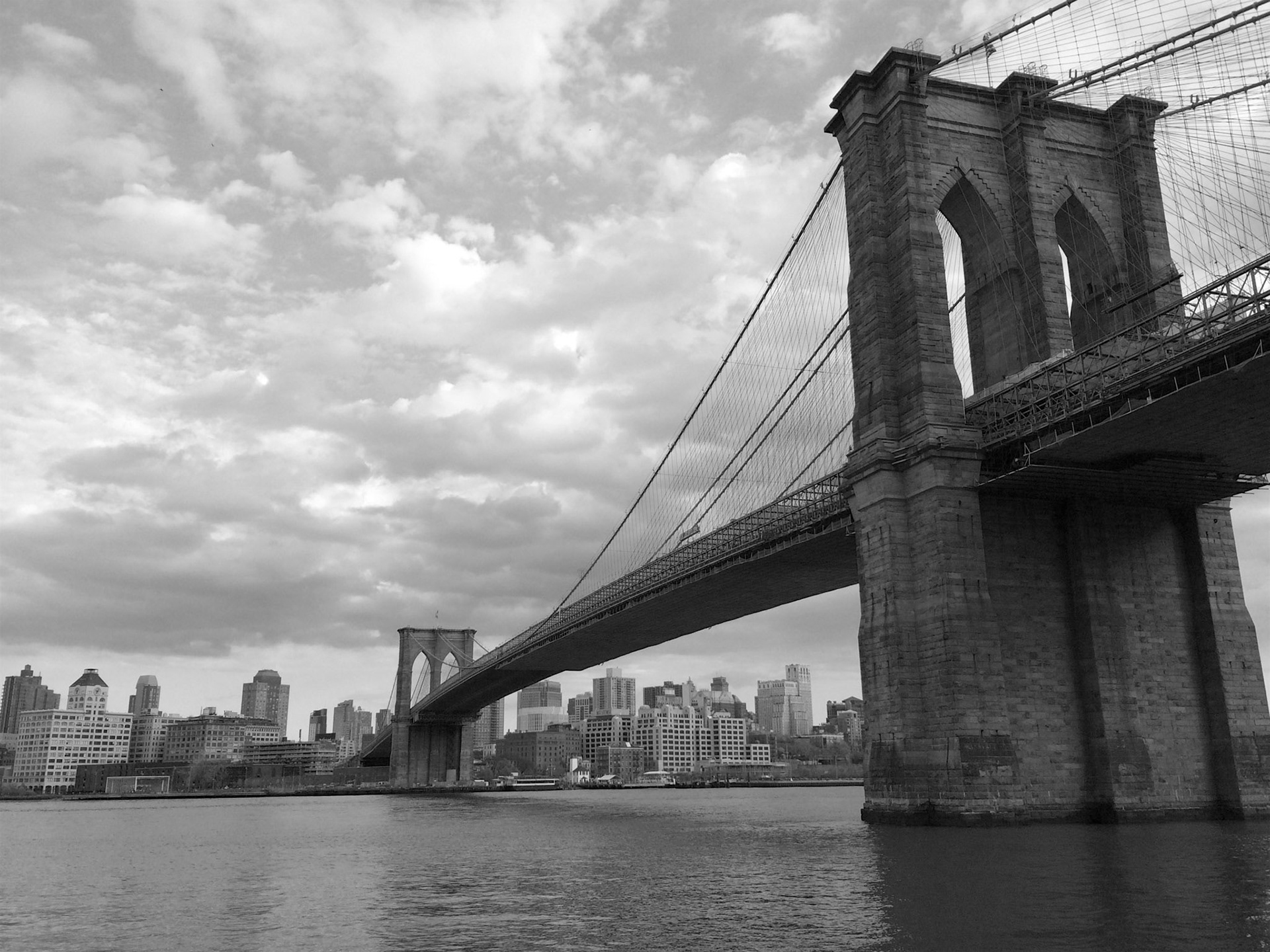 View from the Manhattan side of the Brooklyn Bridge, shown in black and white