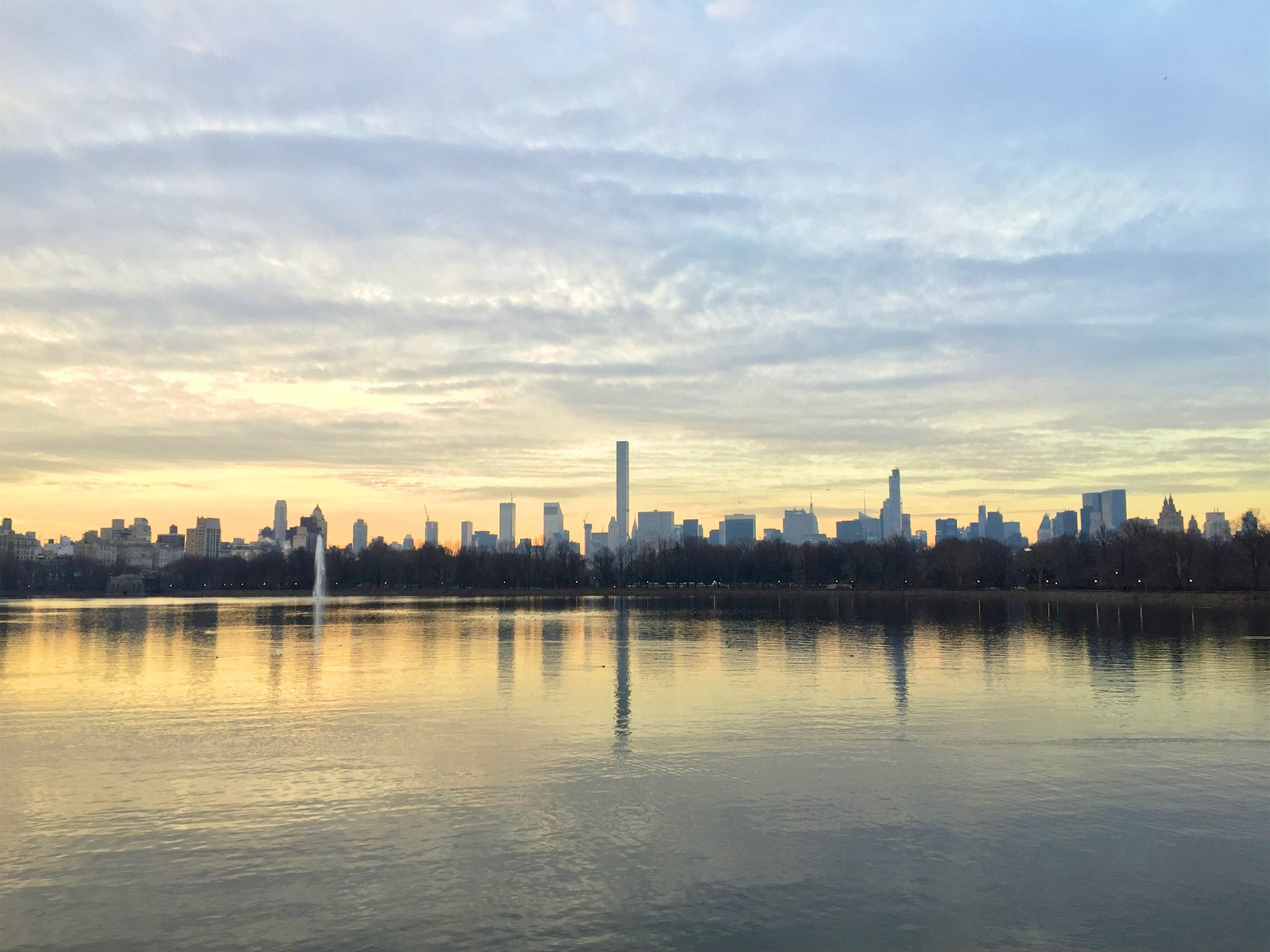 Early morning view over the Central Park Reservoir, looking south towards mid-town