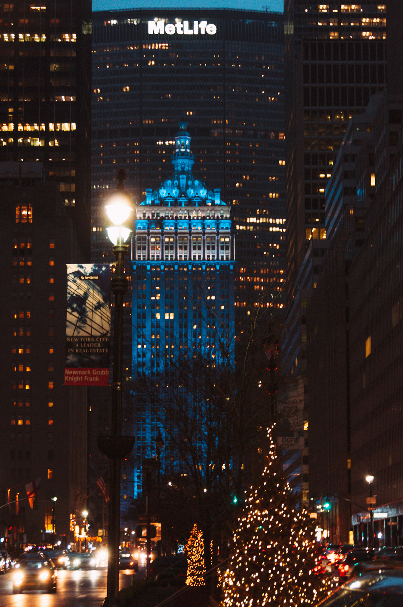 The Helmsley Building lit blue and white for Hanukkah.  Christmas trees light the length of Park Avenue, making spirits bright.