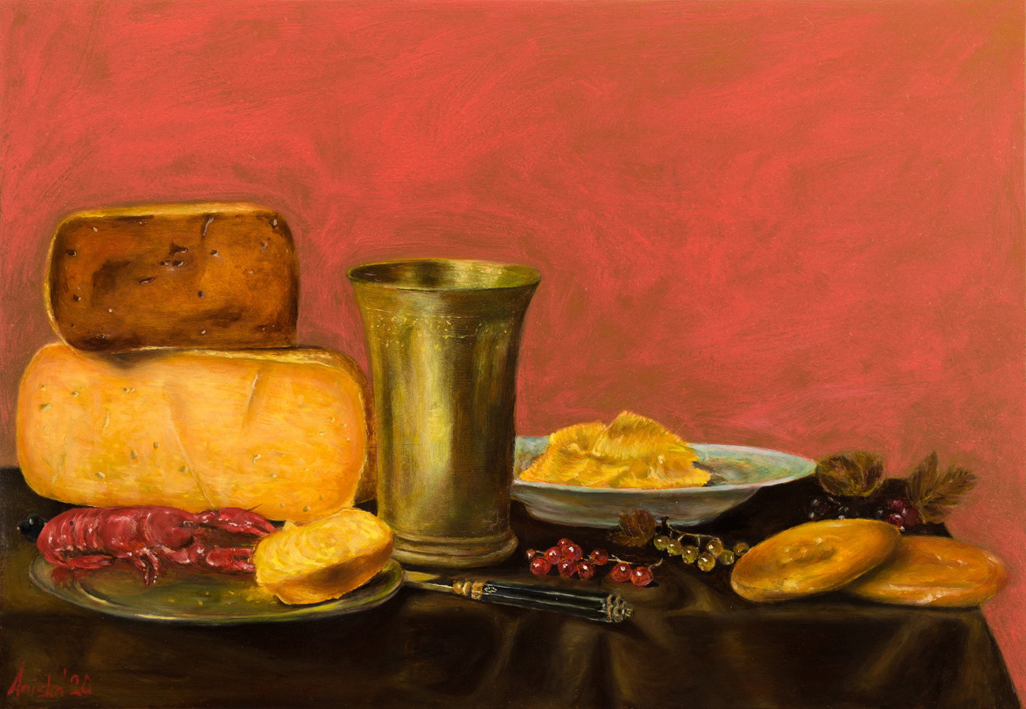 Still Life with GMO Food and Cancer - Oil on Wood Panel