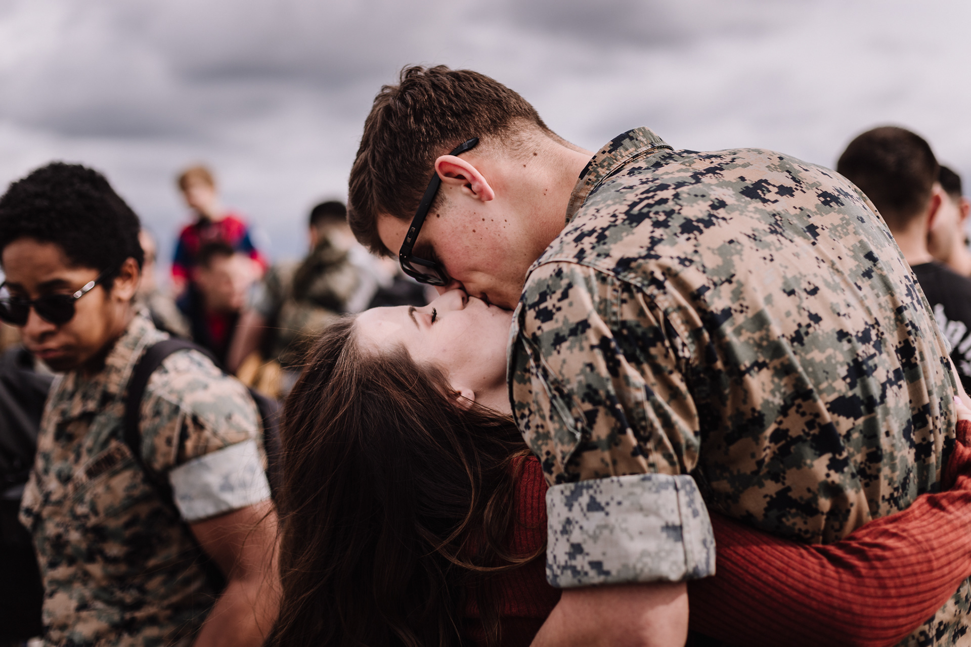 Marine kissing MILSO at Military Marine Core Homecoming Miramar Base San Diego by Morning Owl Fine Art Photography