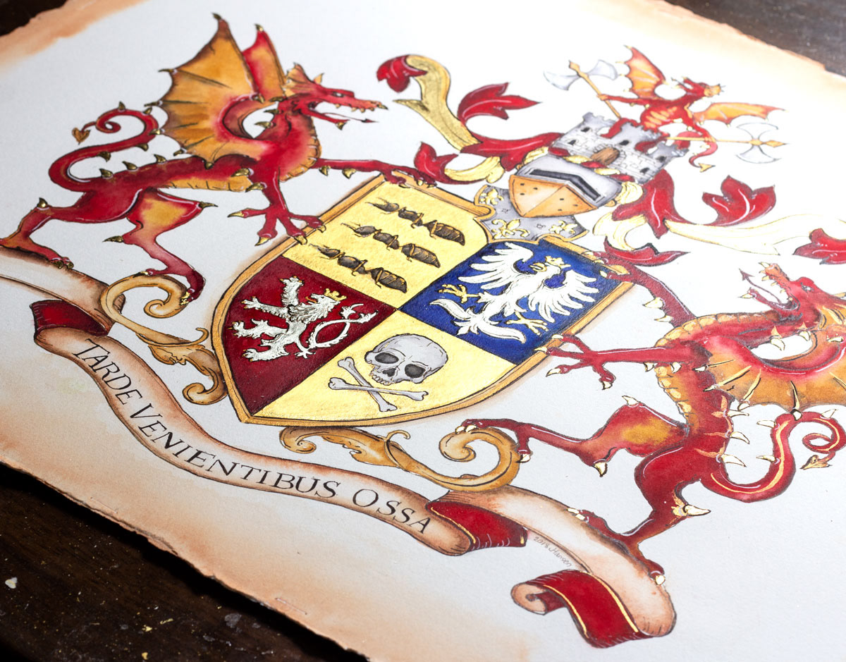 Hand painted family crests by Jamie Hansen Coat of arms with Dragons
