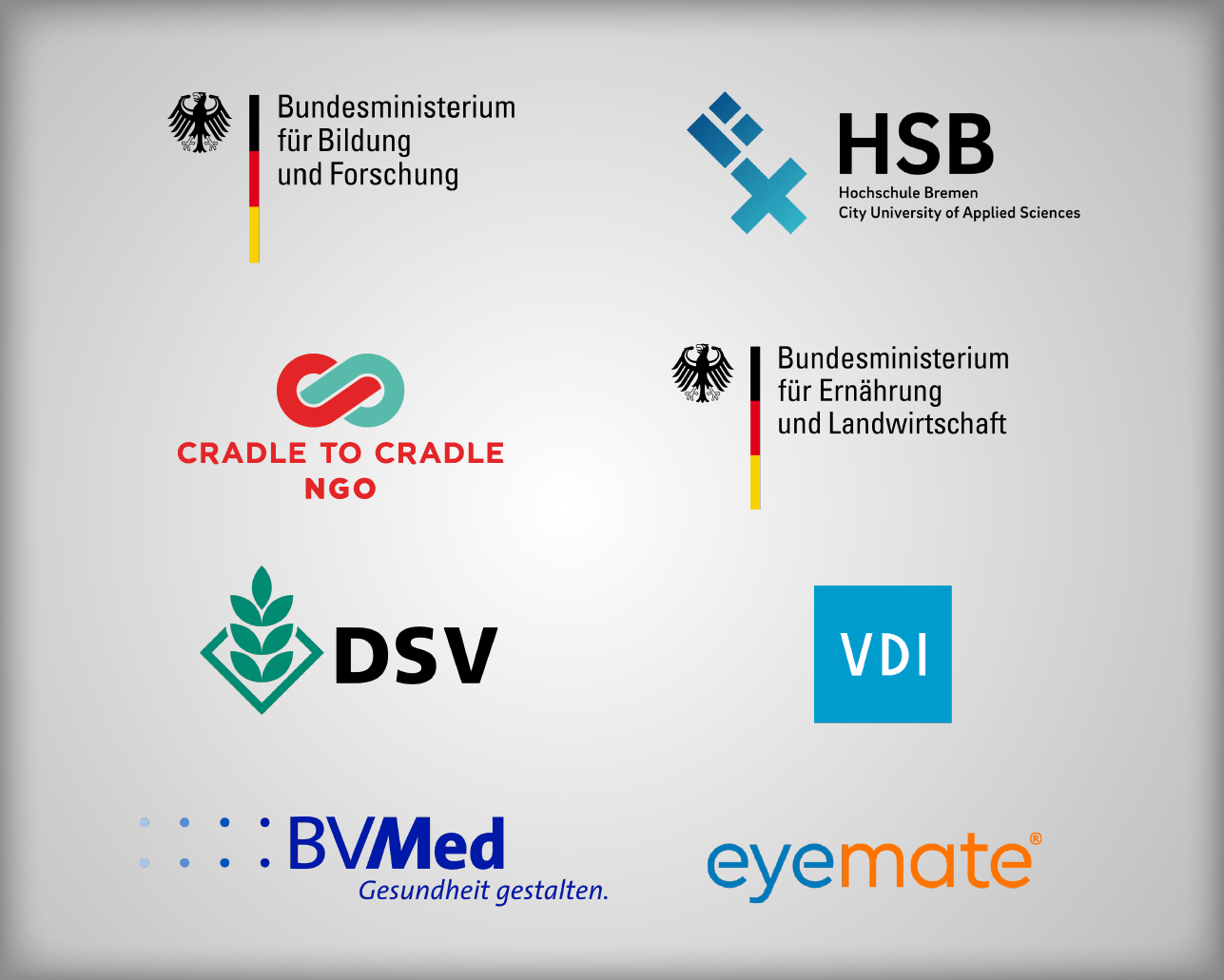 Client Logos: Federal Ministry of Research and Education Germany, City University of Applied Sciences Bremen, Cradle to Cradle NGO, Federal Ministry of Nutrition and Agriculture Germany, DSV, VDI, BVMed, eyemate
