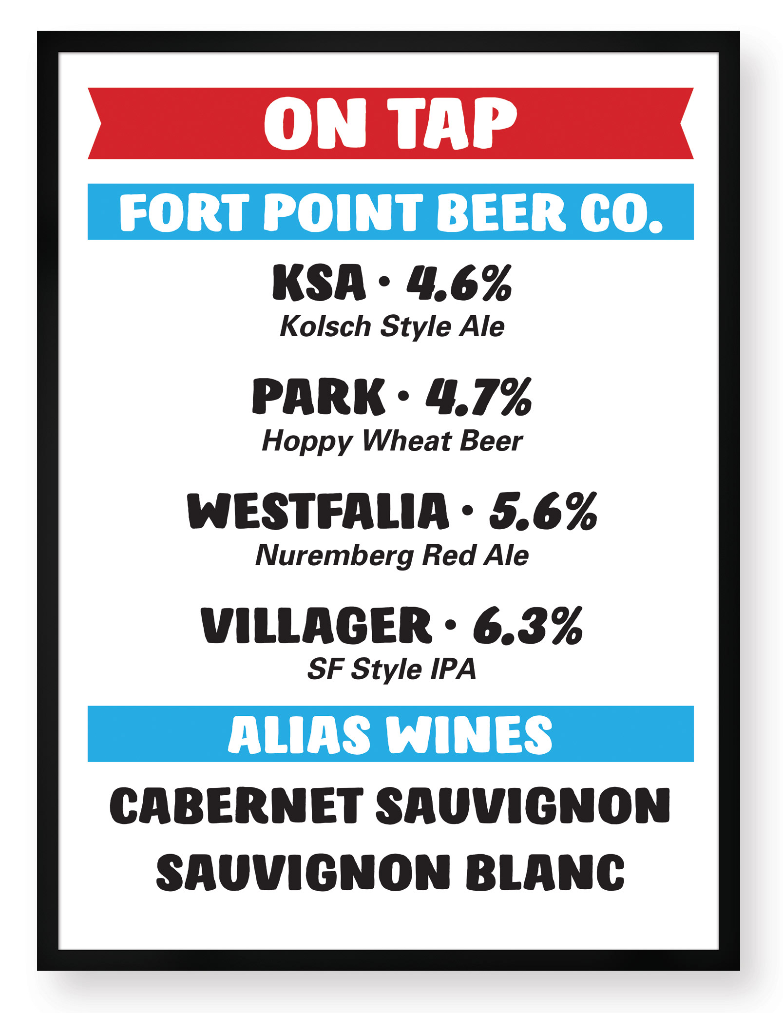 Bar menu board, 24" x 36."
