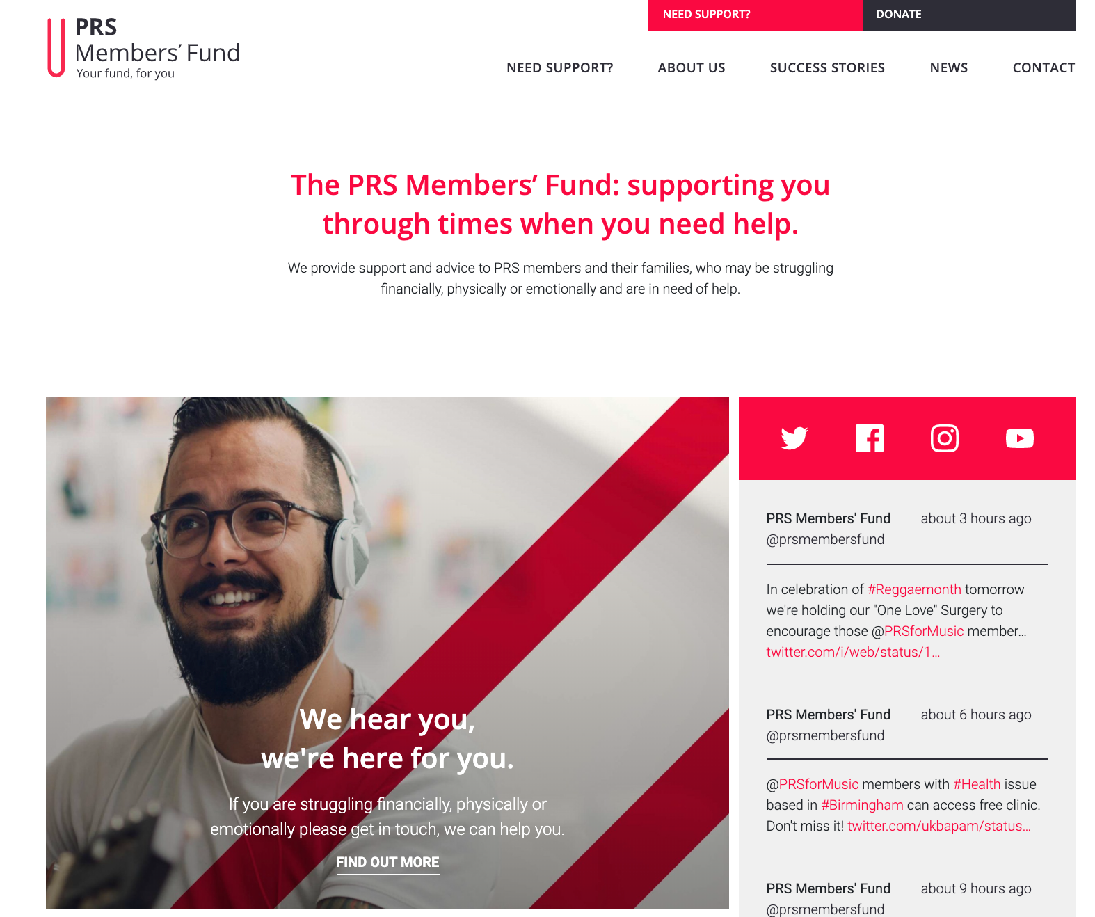 prs member's fund rebrand of website which is red, white and black and reflect prs branding by felt branding and freelance graphic designer melissa carne in cornwall