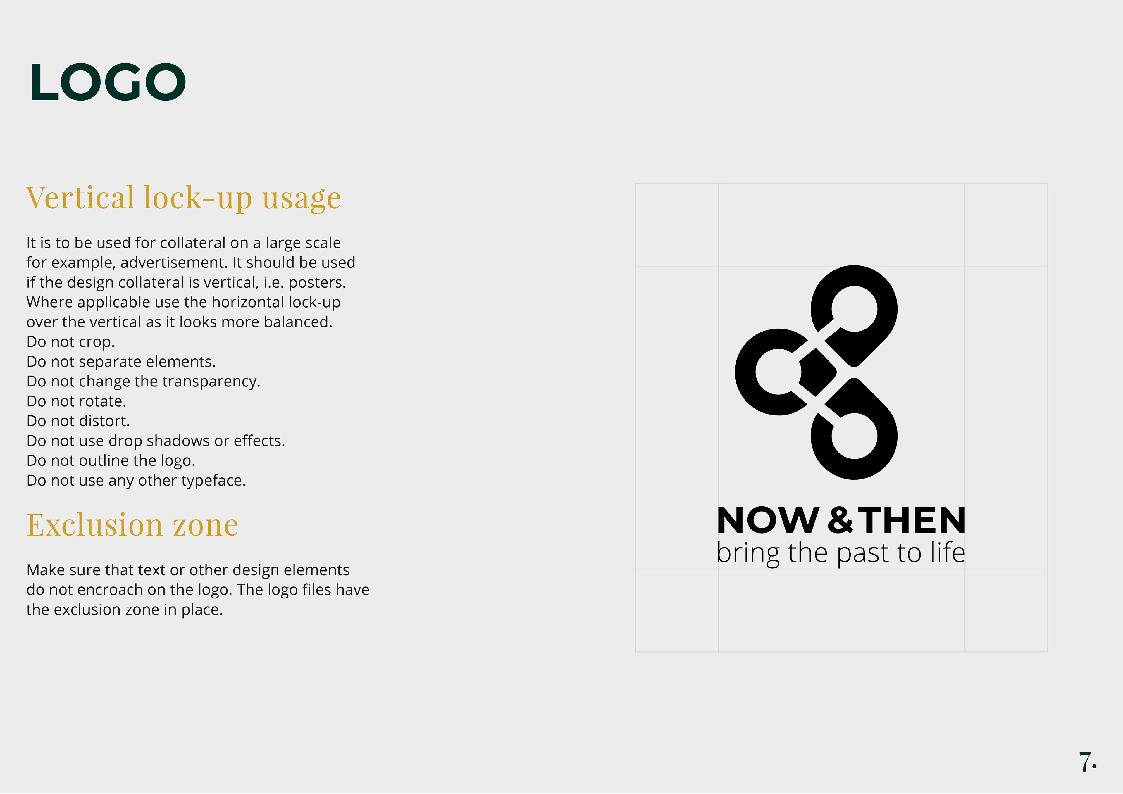 logo page of brand guidelines for now and then a client of freelance graphic designer melissa carne