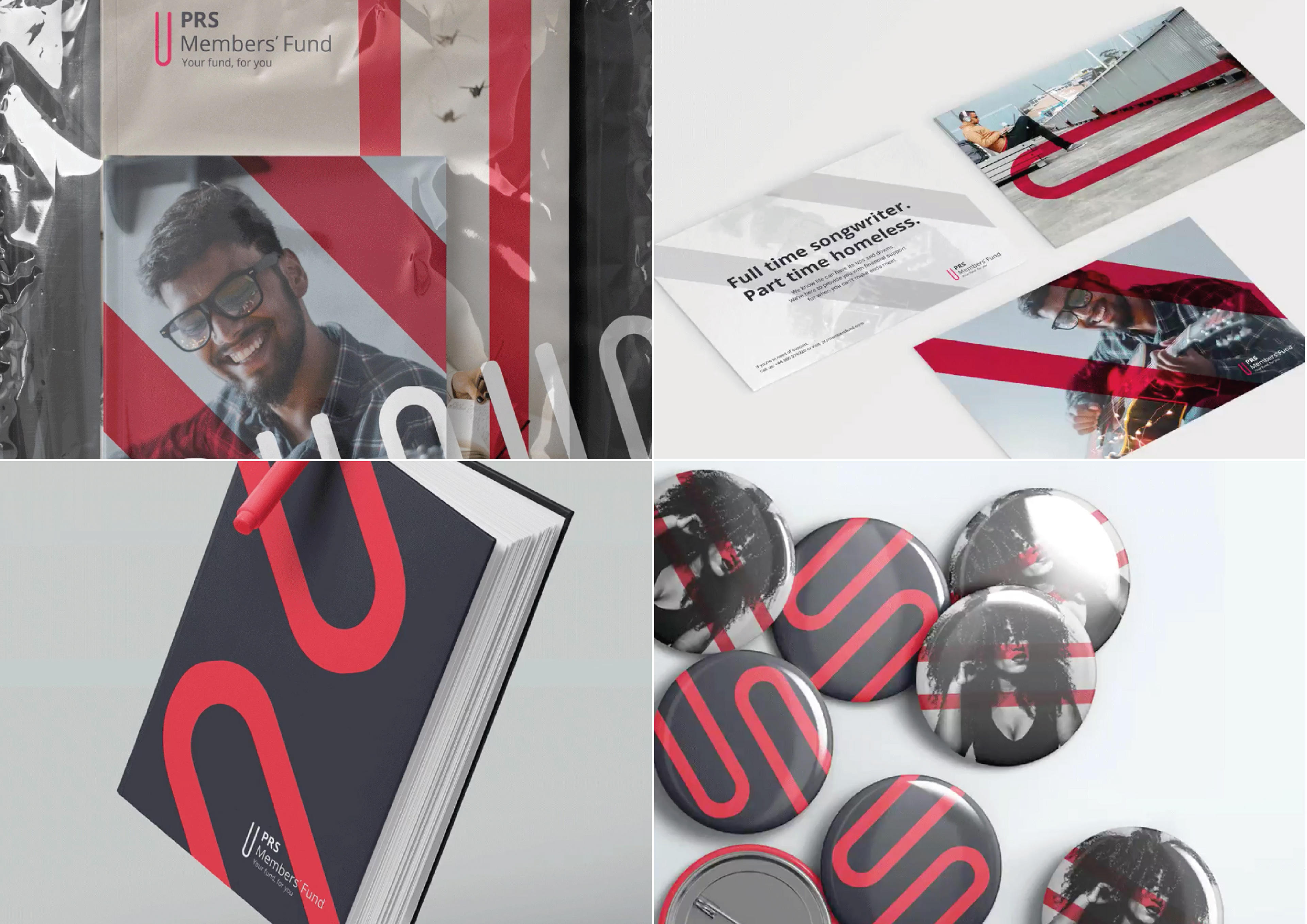 prs members' fund print collateral of notebook, badges and business cards with new branding by felt and freelance graphic designer melissa carne