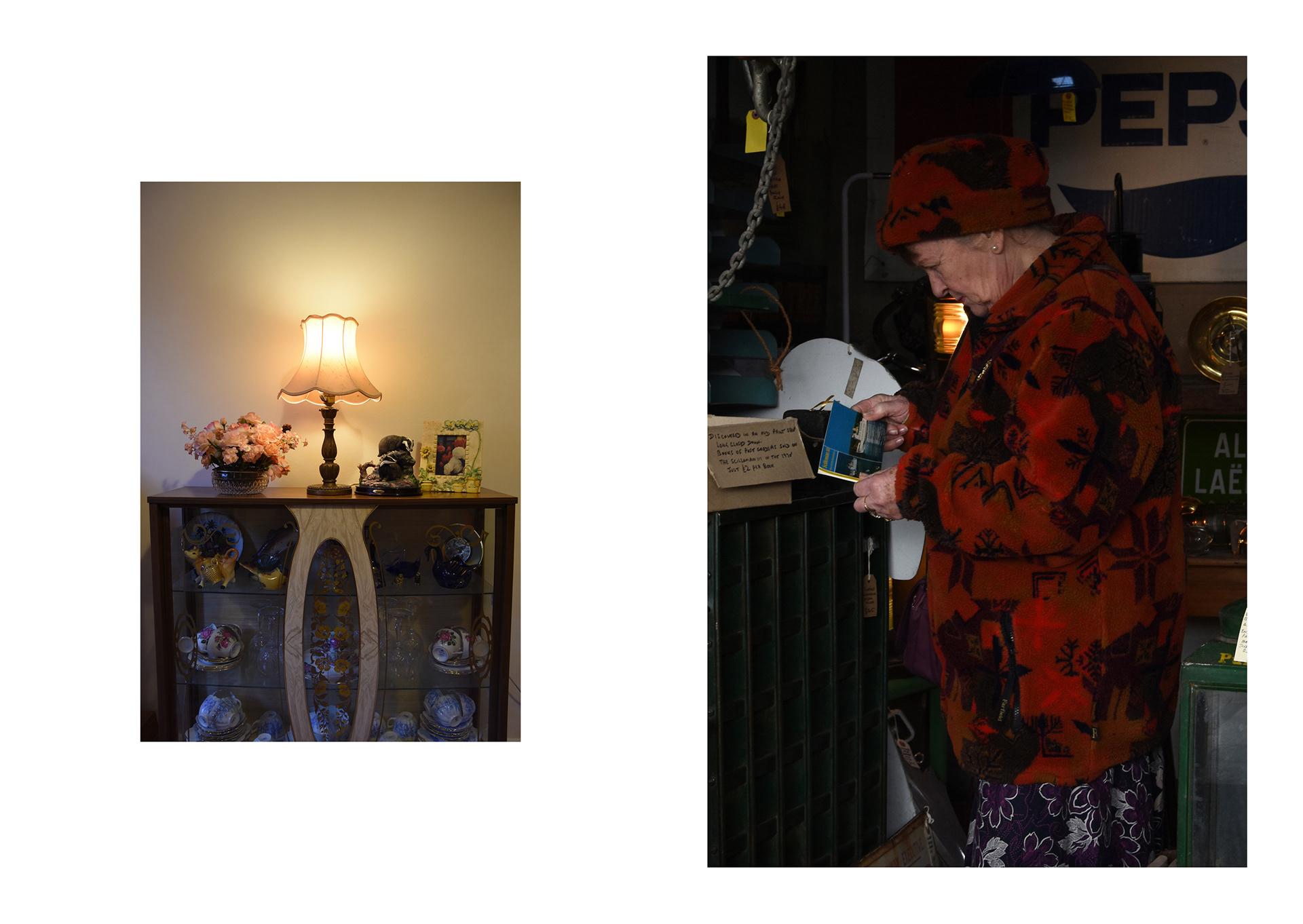 old lady's ornaments in a display cabinet and an old lady in a vintage shop in hayle in cornwall by freelance photographer melissa carne