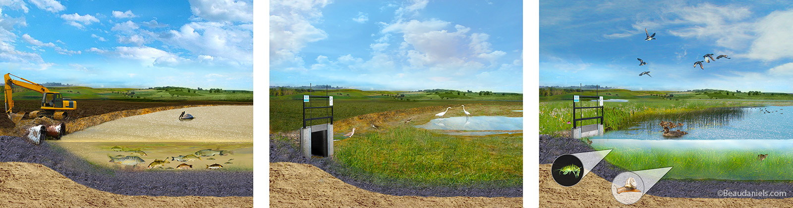 The three stages in the draw down of a lake.