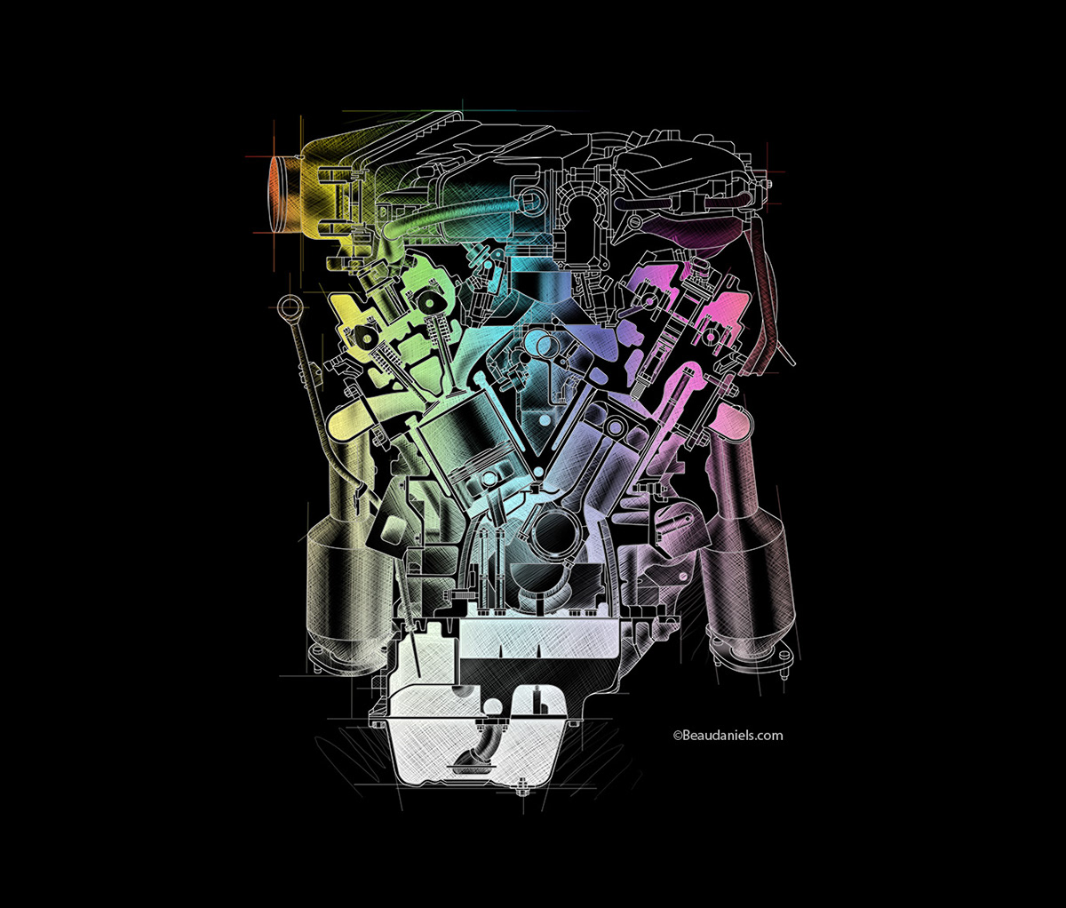 Technical illustration, Beau and Alan Daniels. - Generic car engines