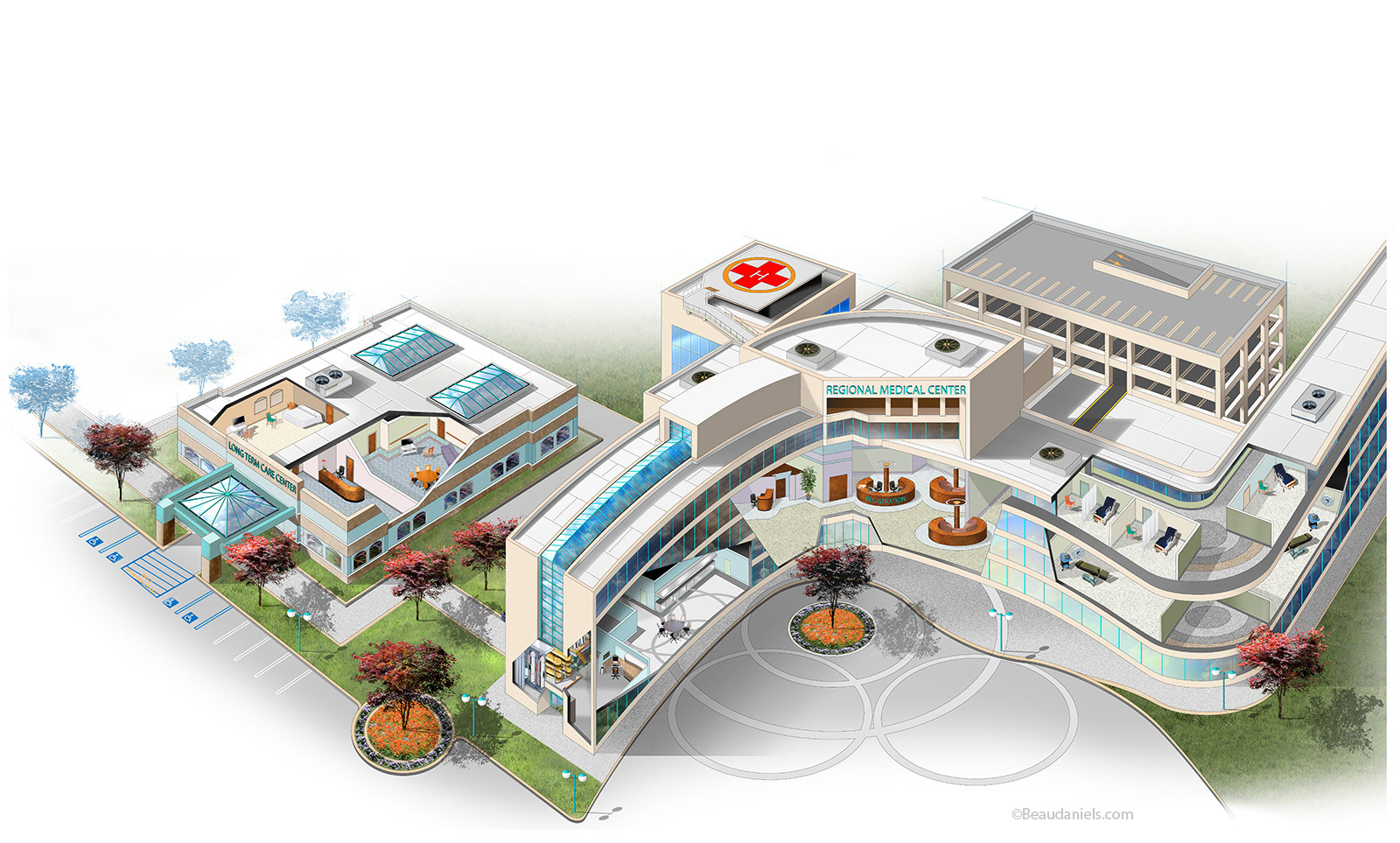 Generic Regional medical center, cutaway illustration.