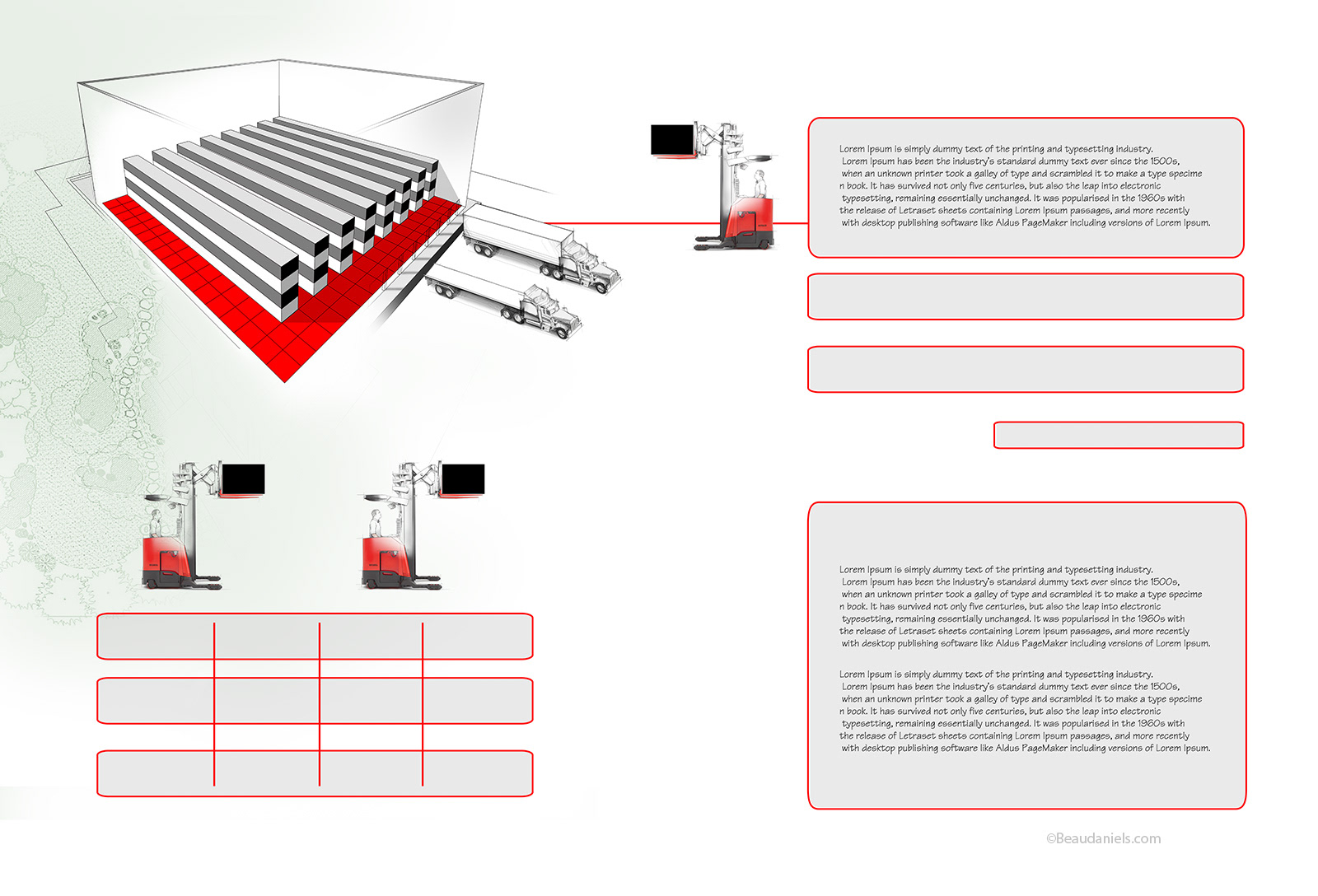 Storage calculations based on rack configuration, fork lift truck type, available space.