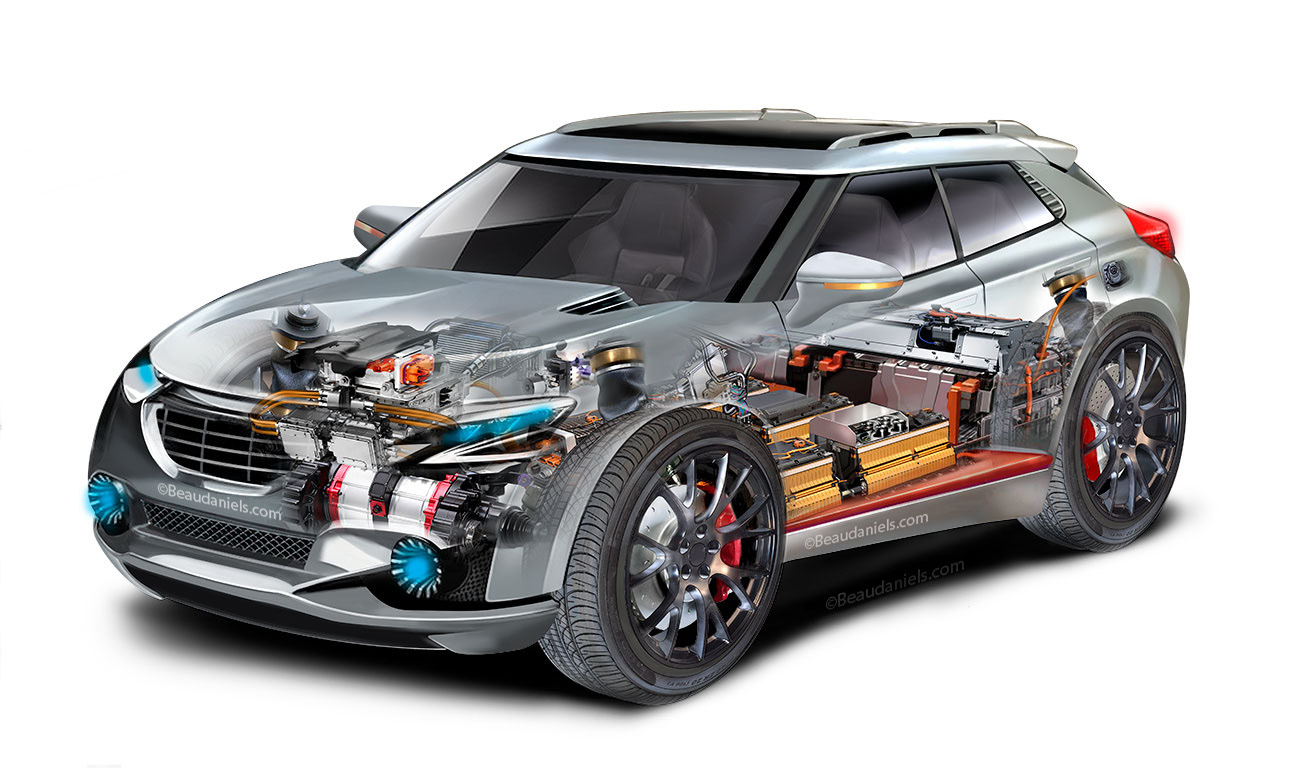 Generic SUV, strict EV, cutaway technical illustration.
