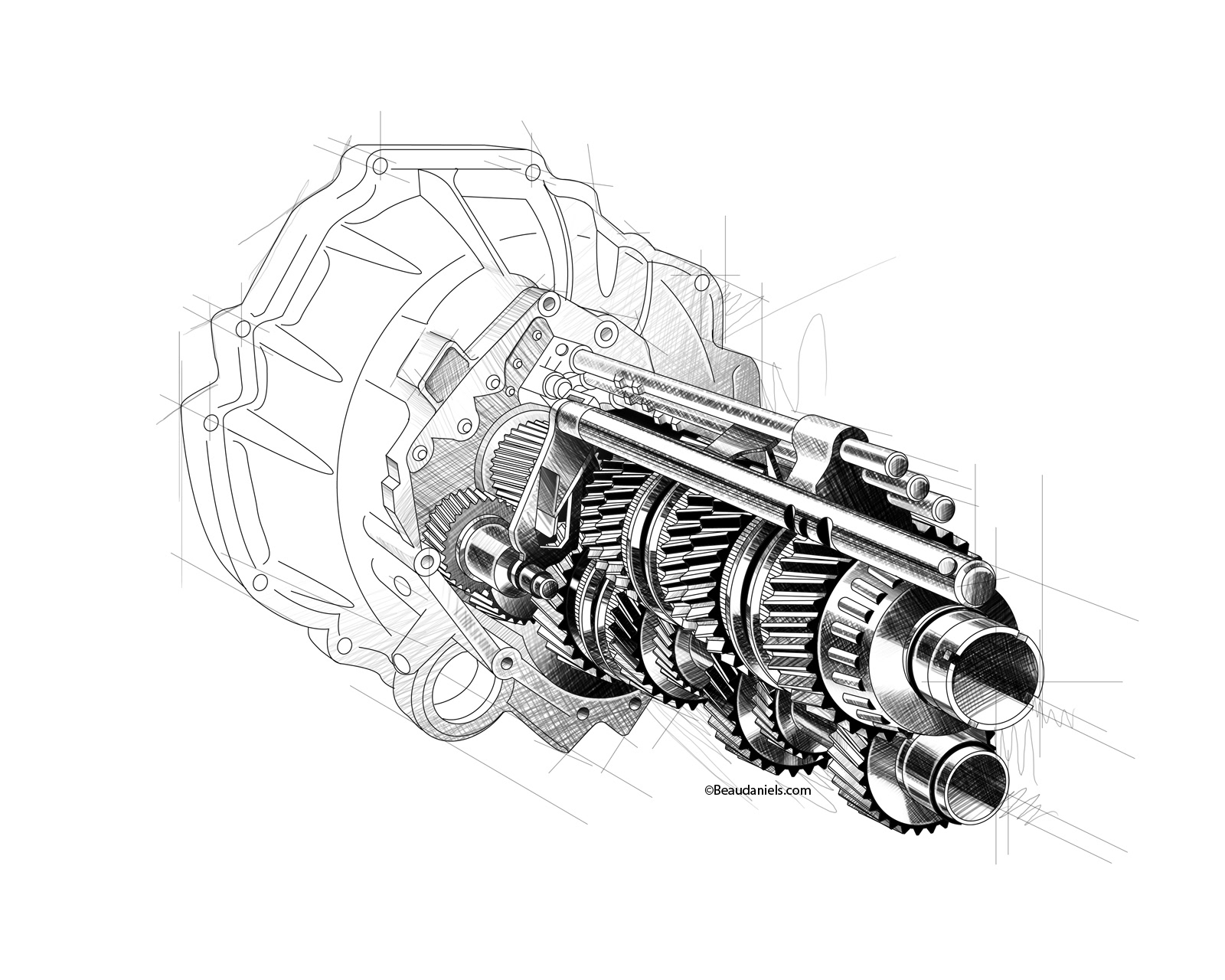 Technical illustration, Beau and Alan Daniels. Car transmission