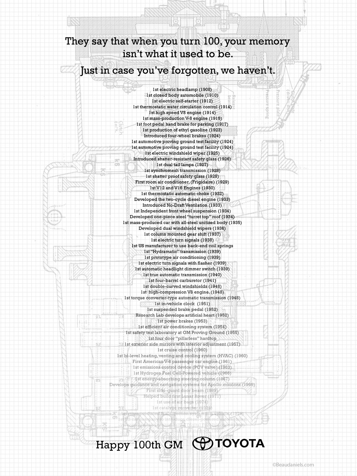 The drawing that was used for GM's 100th, a tribute from Toyota. Final AD.