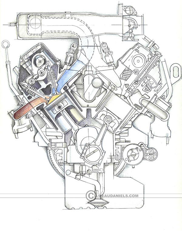 Technical illustration, Beau and Alan Daniels. - Generic car engines