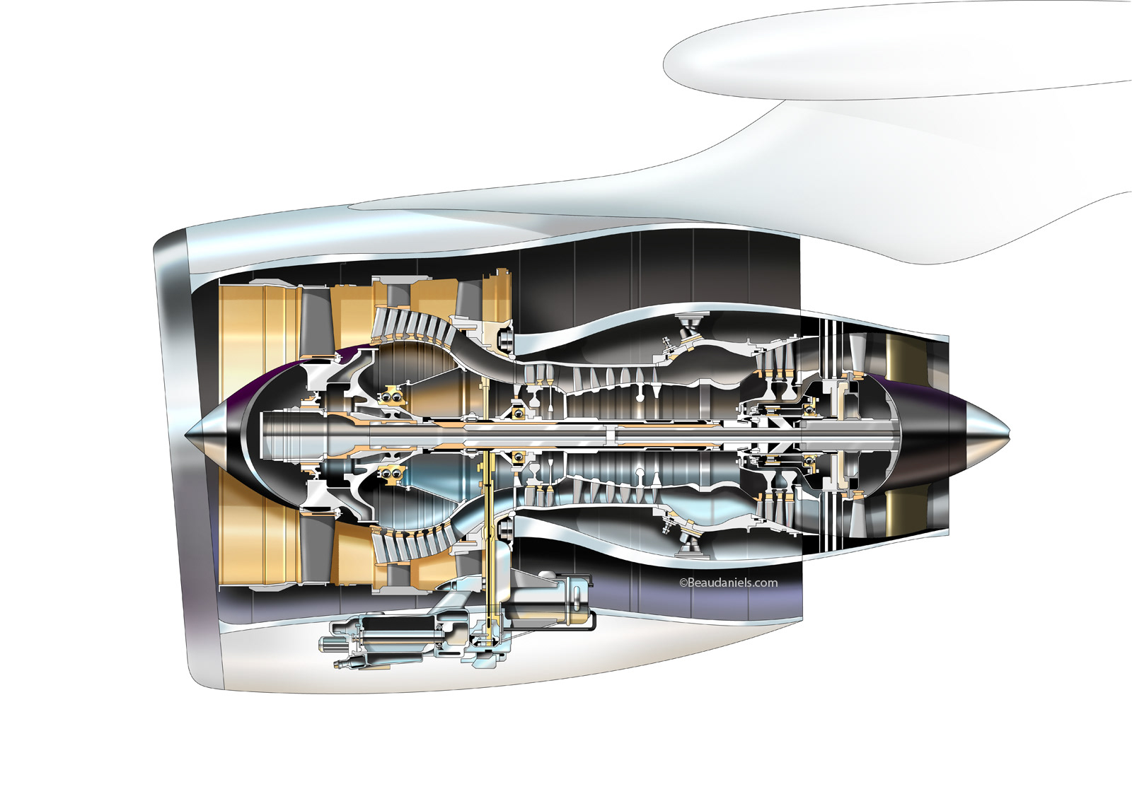 Aviation jet engine cross section illustration.