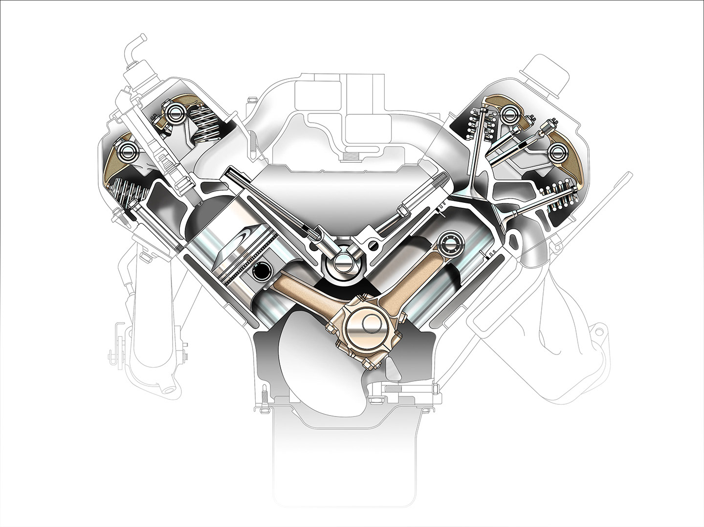 Hemi cross section engine illustration.