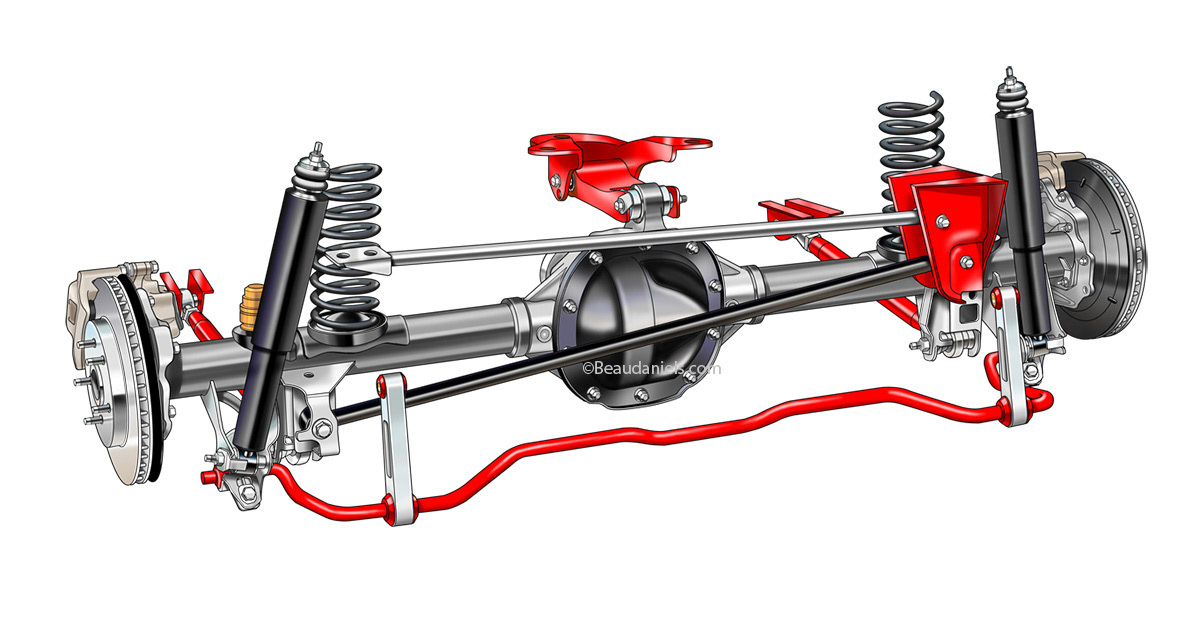 Technical illustration, Beau and Alan Daniels. Car suspensions