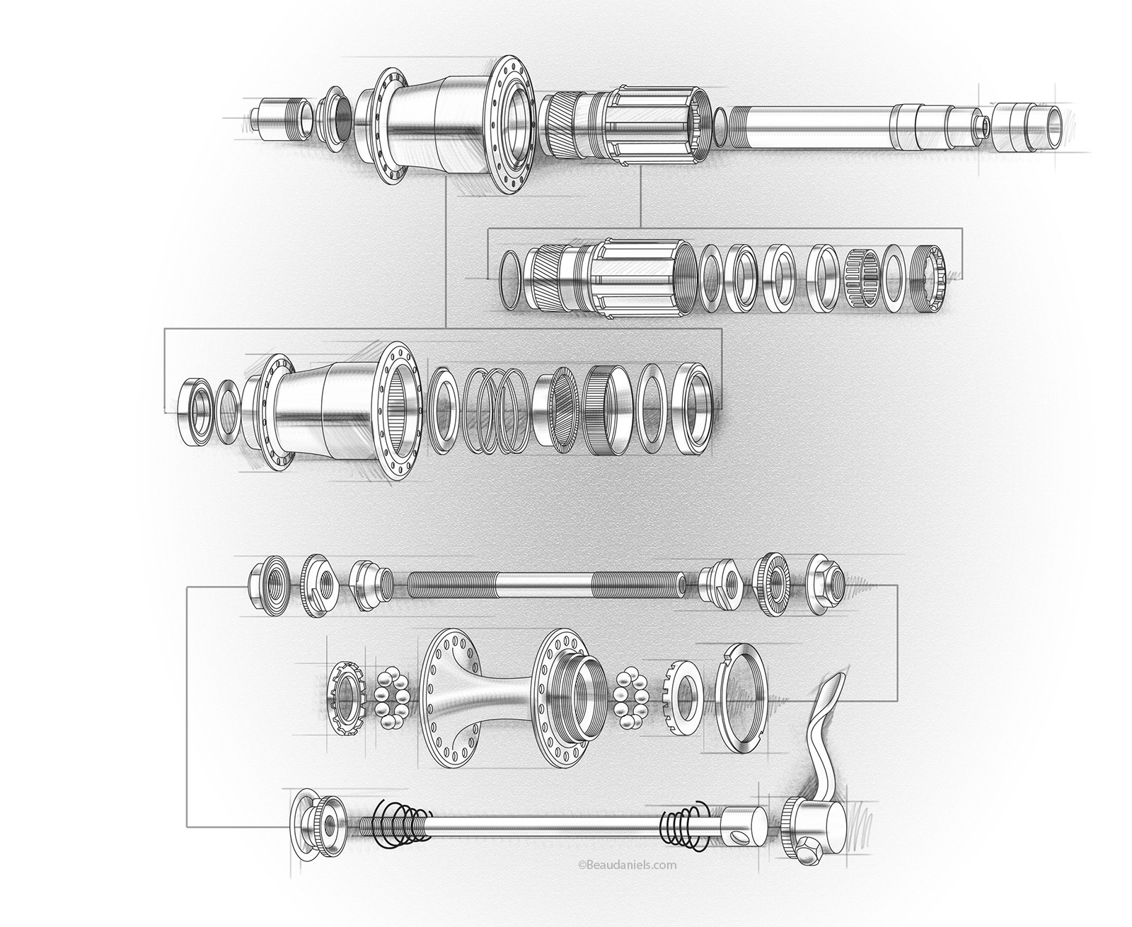 Exploded technical illustration of bicycle hubs.