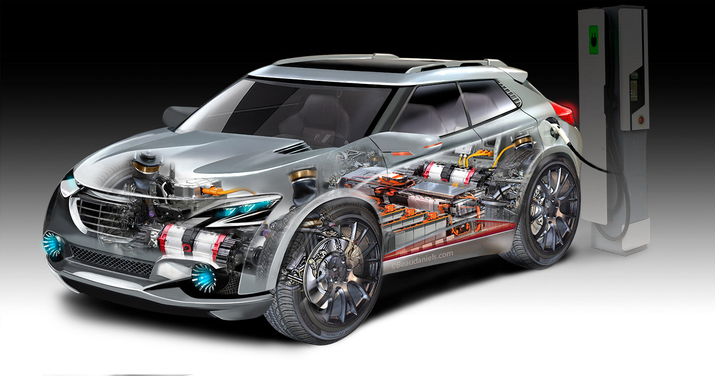 Generic SUV, strict EV, cutaway technical illustration.