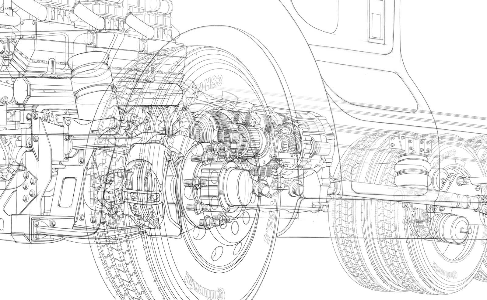 Close up of a semi truck suspension