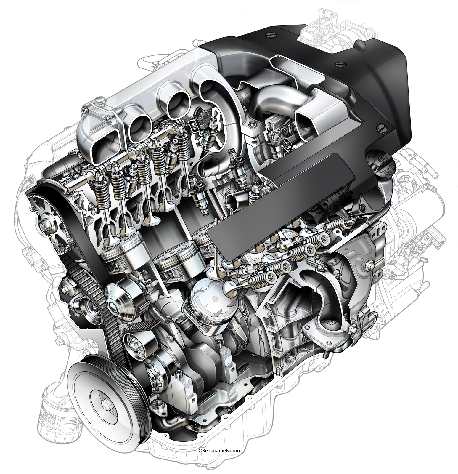 Technical illustration, Beau and Alan Daniels. - Cutaway Automotive Engines