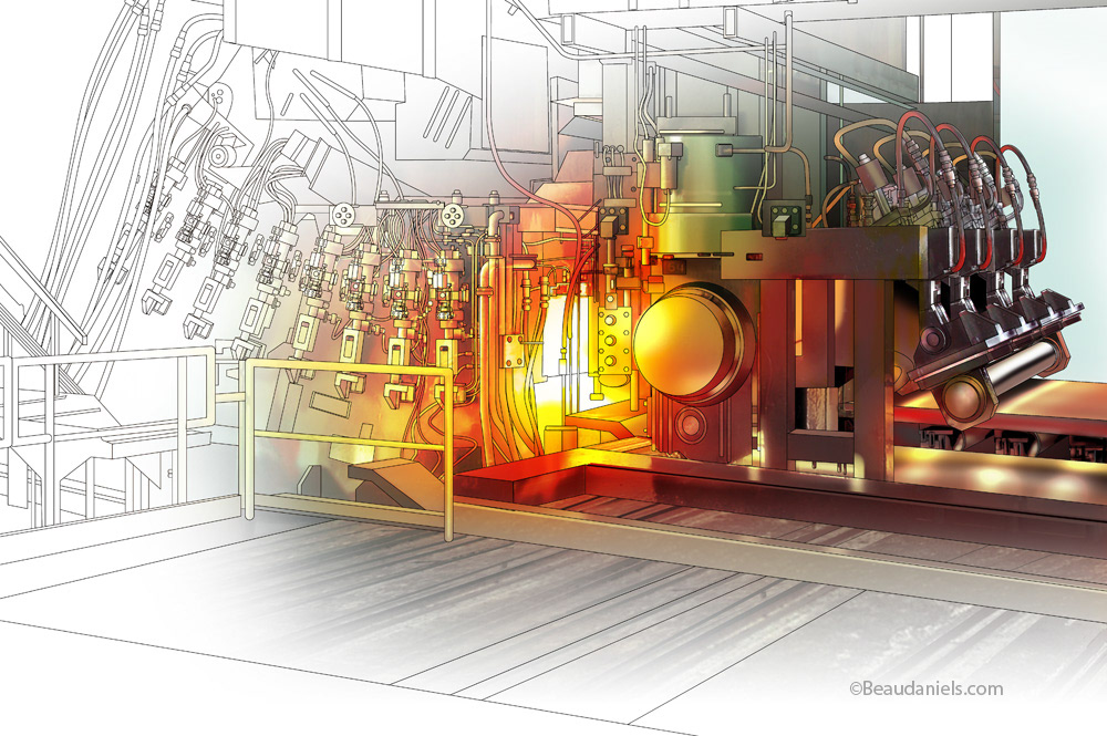 Continuous caster, steel industry technical illustration.