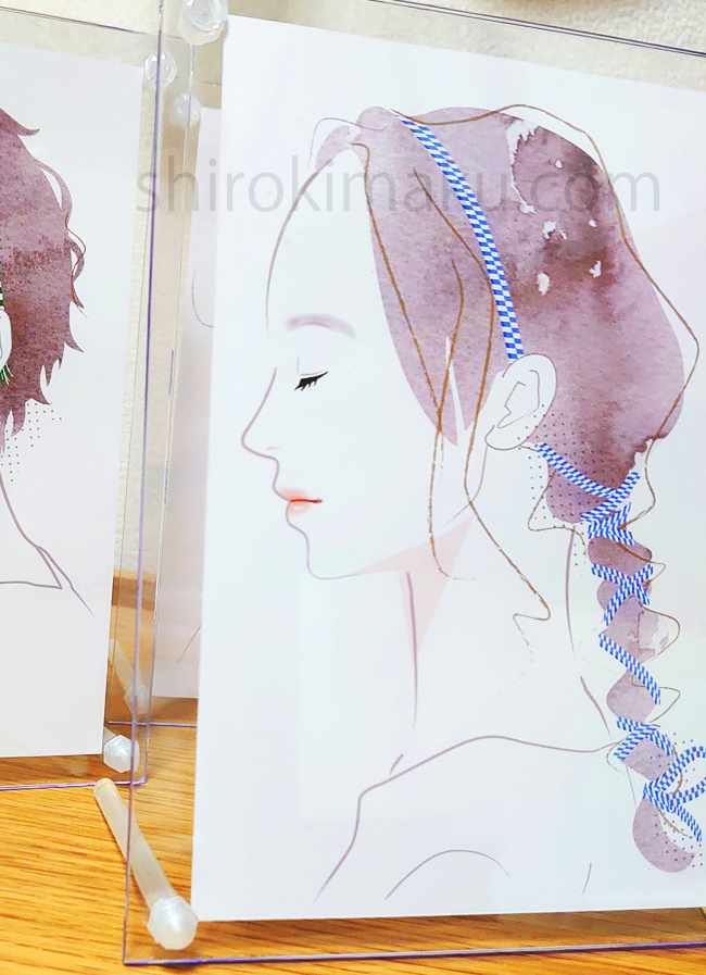 スタジオmaku シロキマクのイラスト制作サイト 手織真田紐 西村様 髪留め 商品名カード 展示パネル