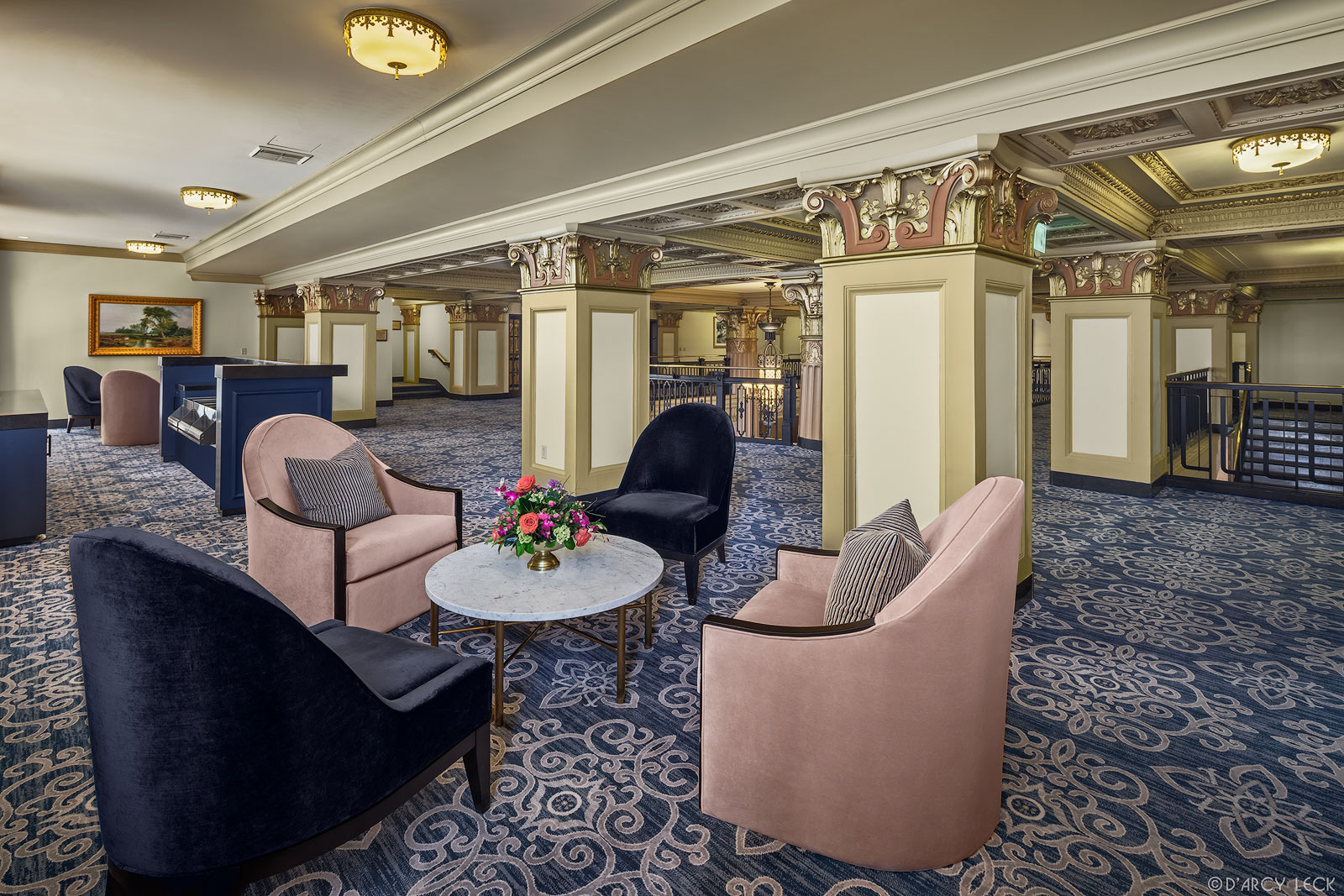 hotel photographer D'Arcy Leck captures the upper mezzanine lobby of the Hilton President Kansas City hotel