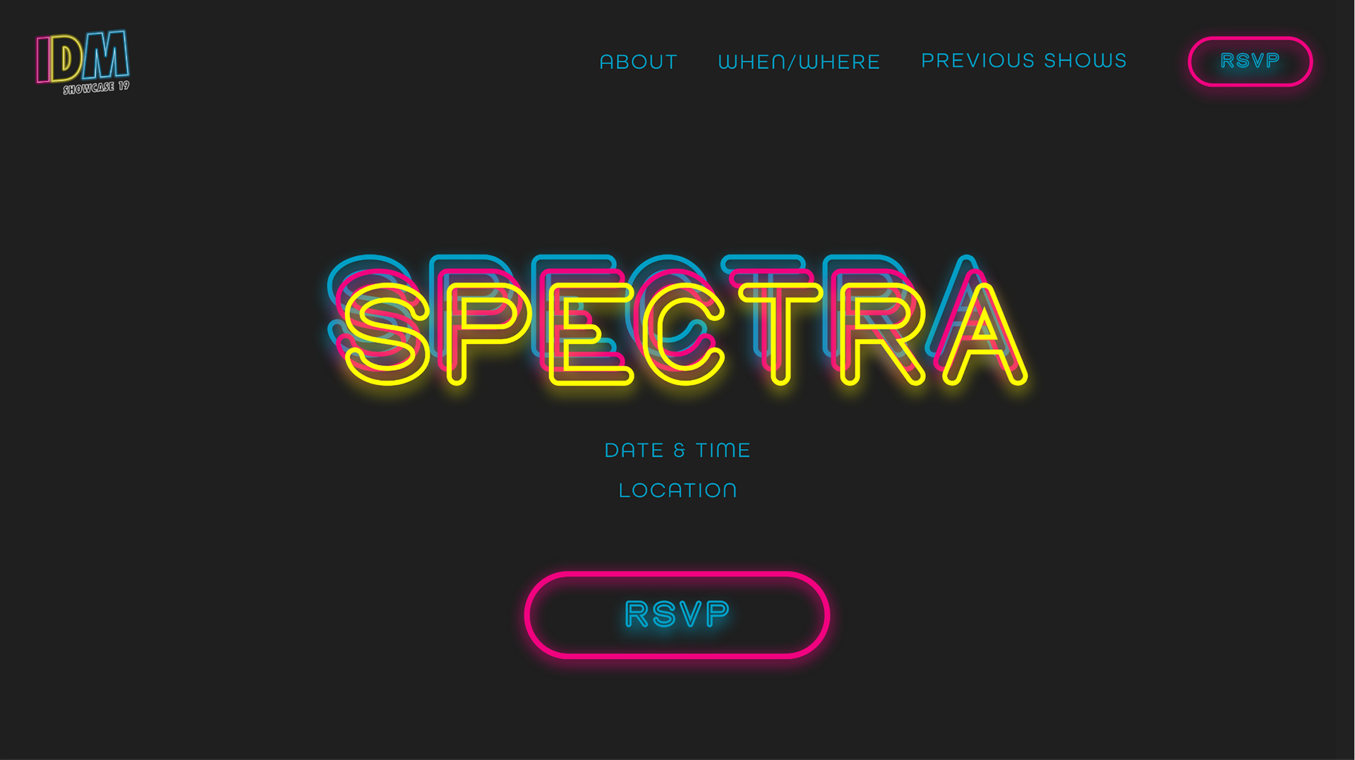 Landing page of a website with a Neon sign that reads Spectra in the middle of the page, a logo at the top right, a navigation bar at the top and below the Spectra is a date & time, locatio, and an RSVP button.