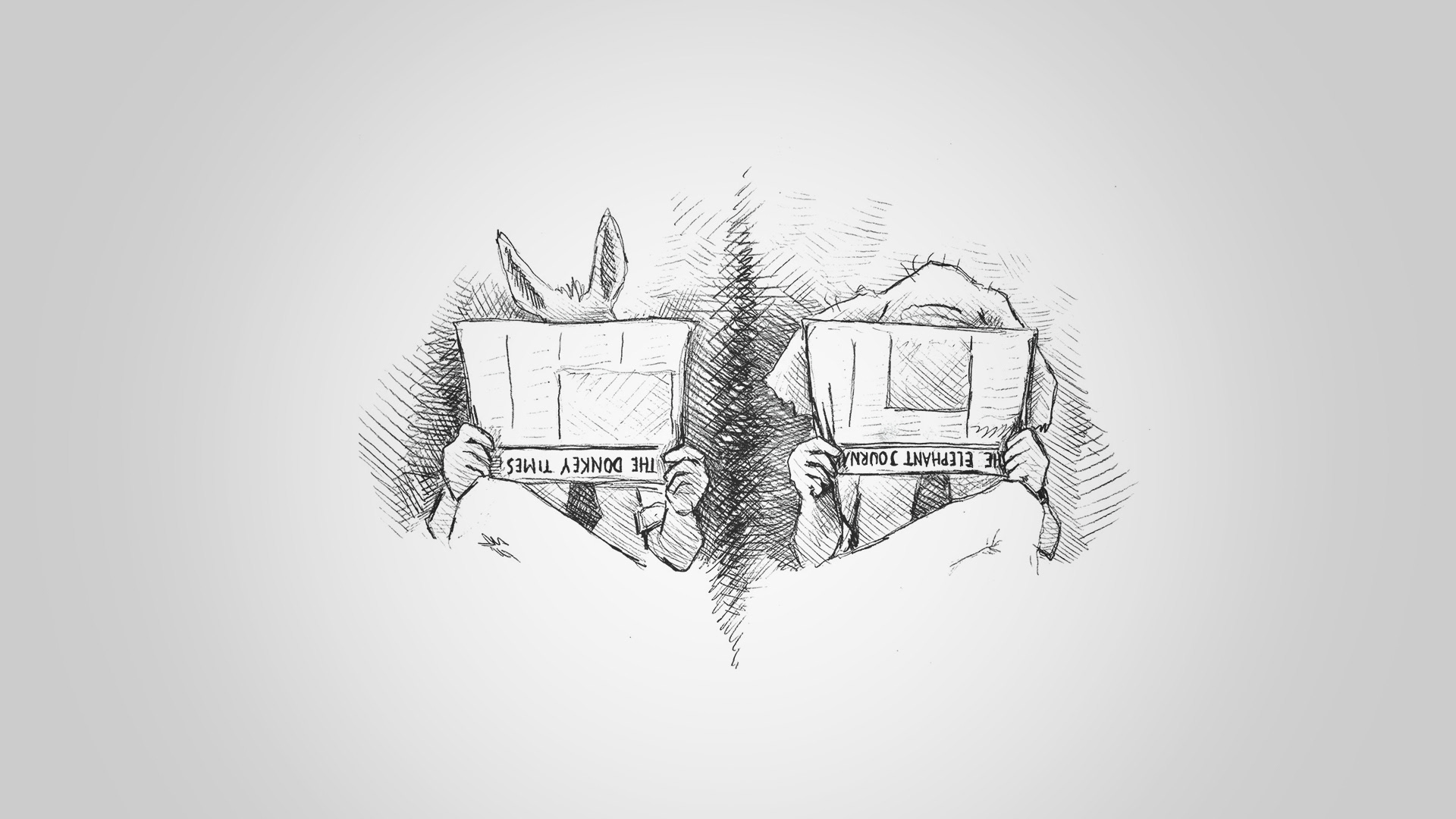 Custom Hand-drawn political cartoon/illustration of an Elephant and a Donkey reading separate newspapers
