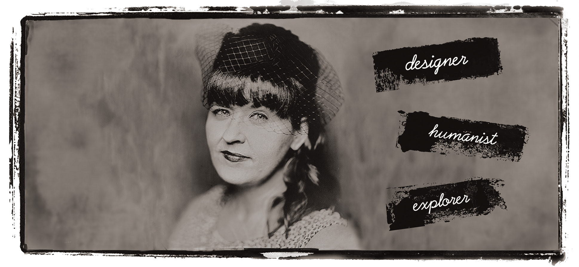 Susan Stack posing in black and white tintype photo wearing fancy hat